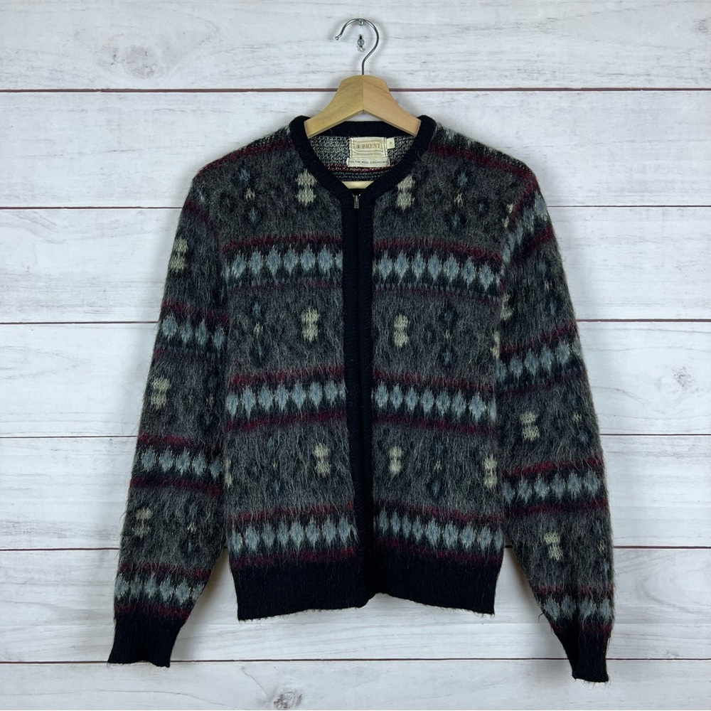 Vintage 60s Brent Mohair Wool Blend Cardigan Zip Sweater Small